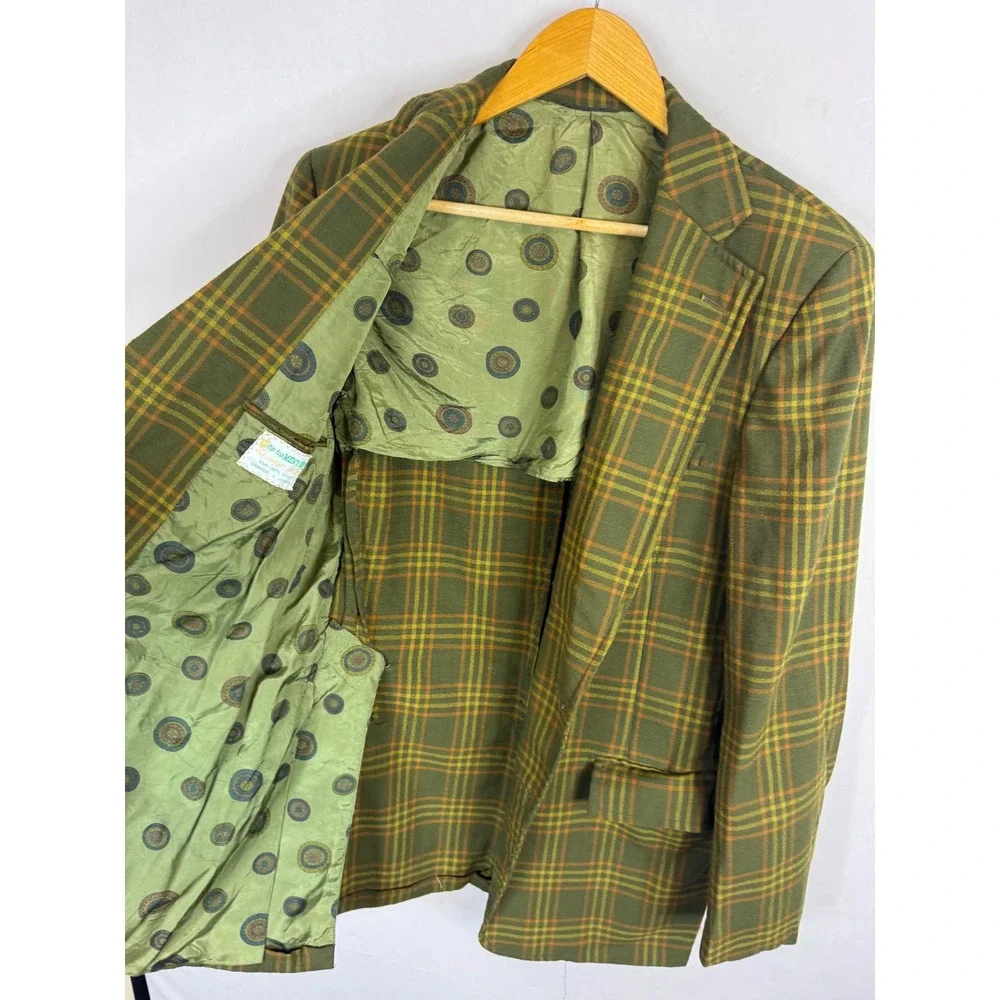 Vintage Hyde Park Disco Men 40 Plaid Blazer Green Orange 70s Mod